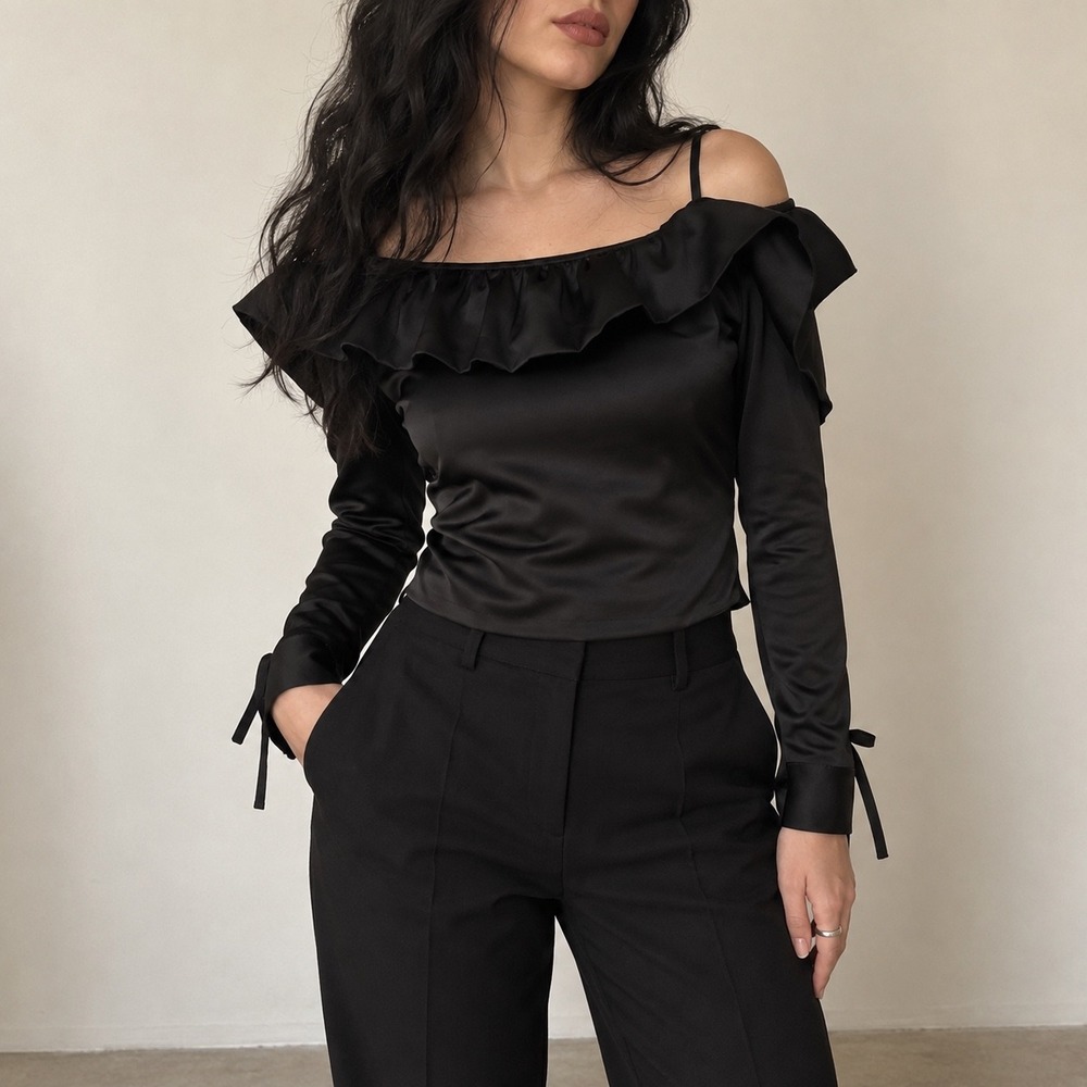 Osman Yousefzada Black Ruffle Cold Shoulder Satin Top Size 2 Whimsigoth Y2K